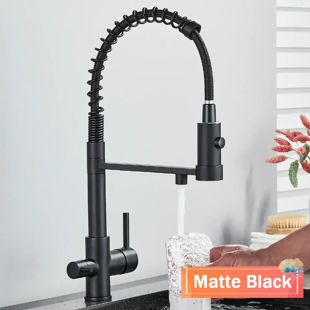 Matte black decorbites gun grey kitchen faucet with flexible coiled spring neck and pull down spray head gun grey filter