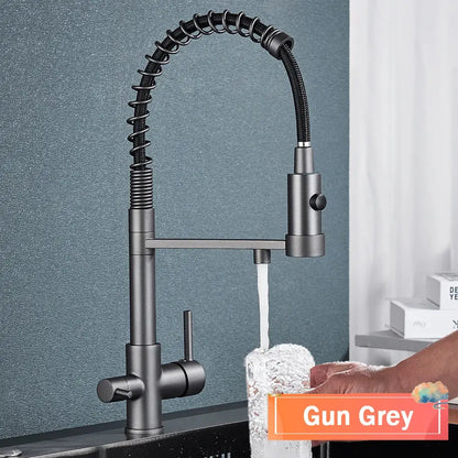 Modern gun grey kitchen faucet with flexible coiled hose and pull down spring spout by decorbites gun grey filter