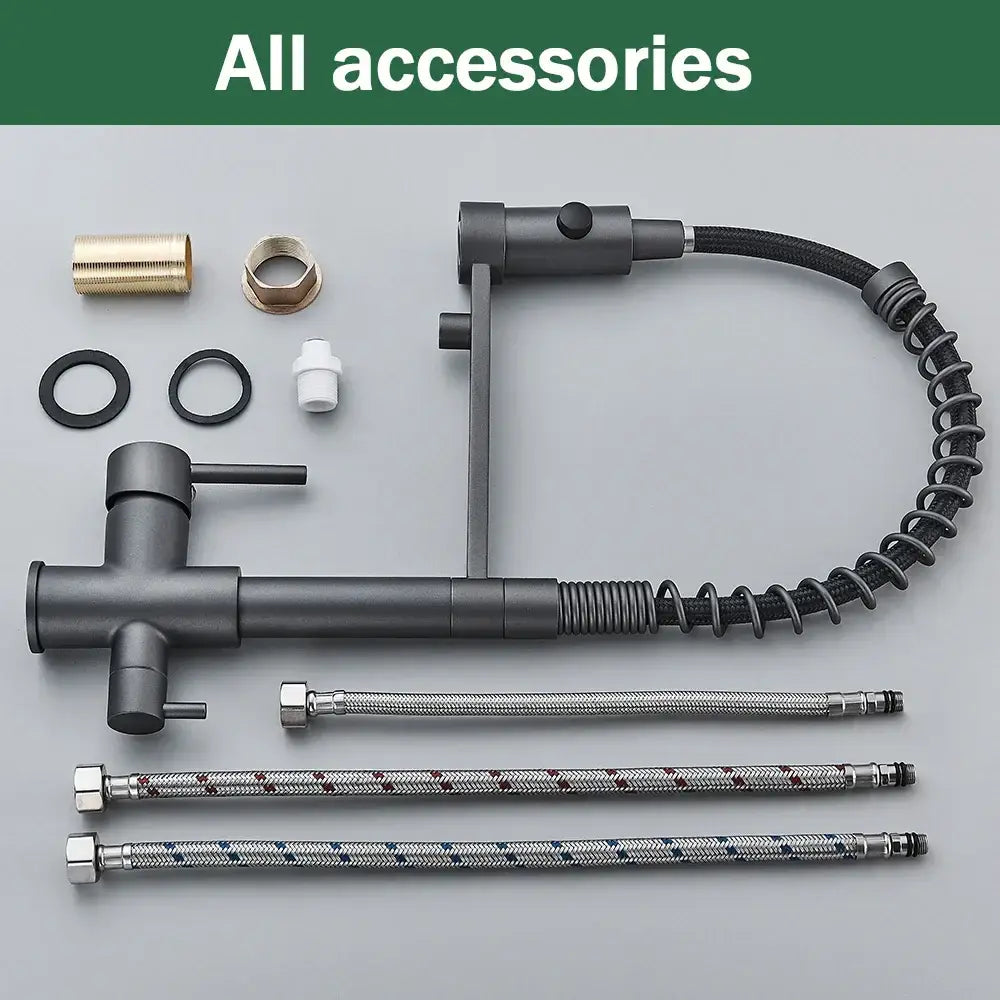 Modern gun grey filter kitchen faucet with pull down spring spout matte black finish and flexible coiled hose decorbites gun grey