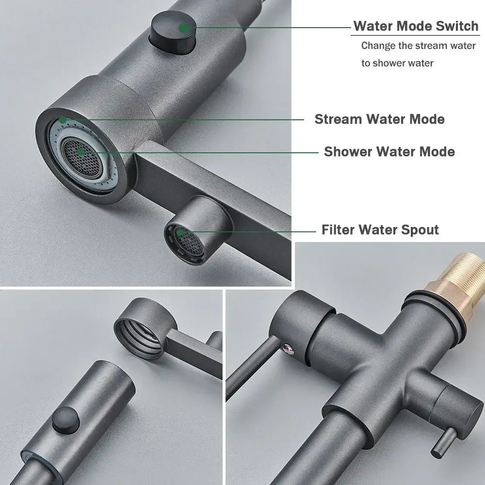 Modern gun grey filter kitchen faucet with a matte black pull down spring spout featuring multiple spray modes decorbites gun grey