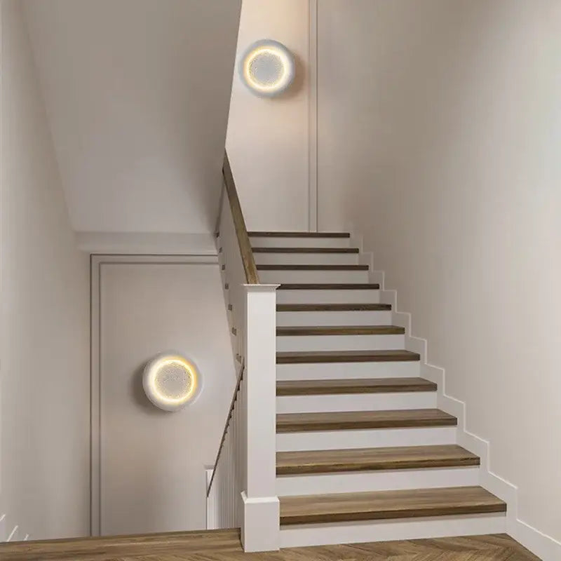 Modern gypsum white led full moon wall lamp with circular warm glowing ring for bedroom decorbites gypsum white wall lamp