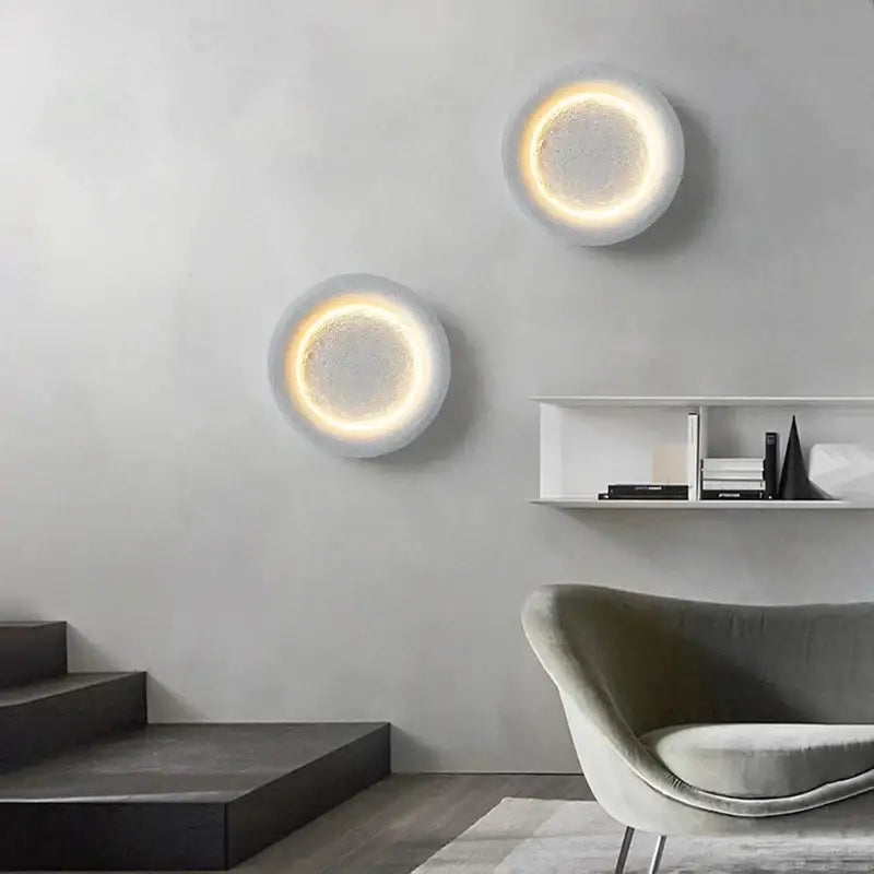 Two circular wall lamps with gypsum white led full moon design and warm glowing rings for modern bedroom decorbites decor