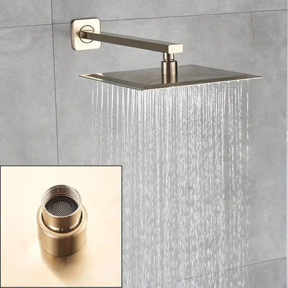 Modern hammered square wall mounted shower head in brushed nickel with sleek design and matching bracket for bathroom accessory