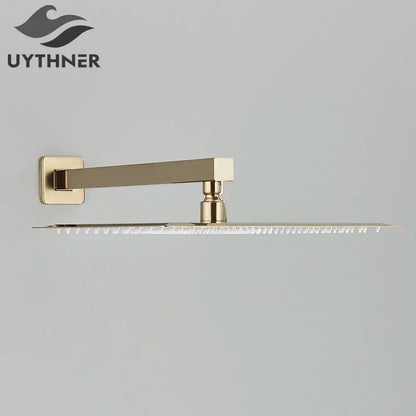 Gold finished modern hammered square wall mounted shower head with multiple spray nozzles for bathroom use