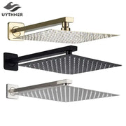 Modern hammered square wall mounted shower head with textured finish and metallic arms in gold black or brushed stainless steel
