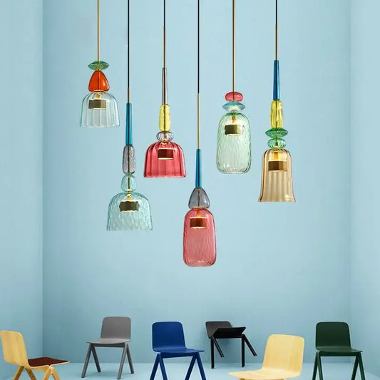 Modern hand blown colorful glass bedside pendant light in red green blue yellow and amber for kitchen decorbites decor