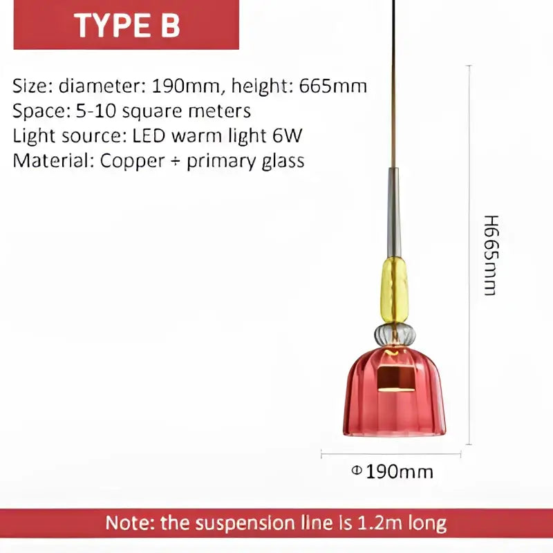 Modern hand blown colorful red glass bedside pendant light with copper and primary glass components by decorbites