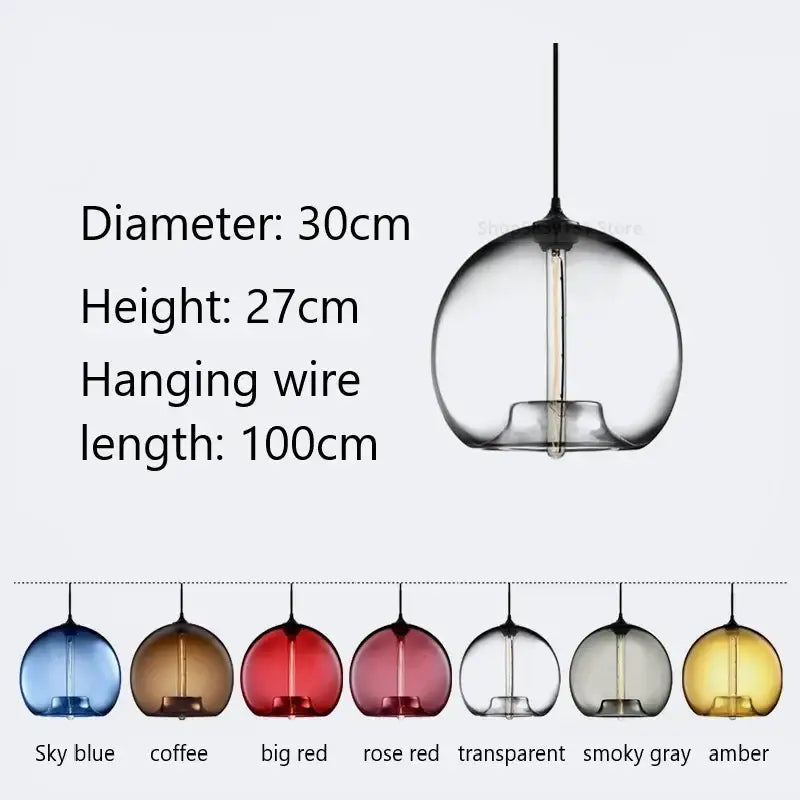A sleek 30cm diameter pendant light with smoked gray hand blown colorful stained glass and amber filament bulb decorbites colorful stained