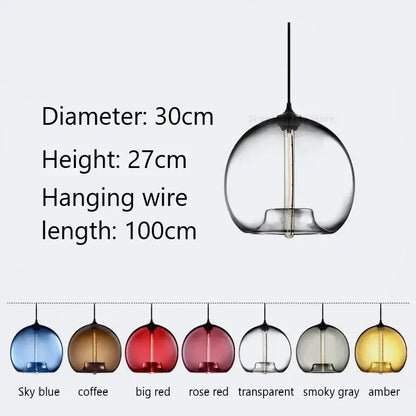 A sleek 30cm diameter pendant light with smoked gray hand blown colorful stained glass and amber filament bulb decorbites colorful stained