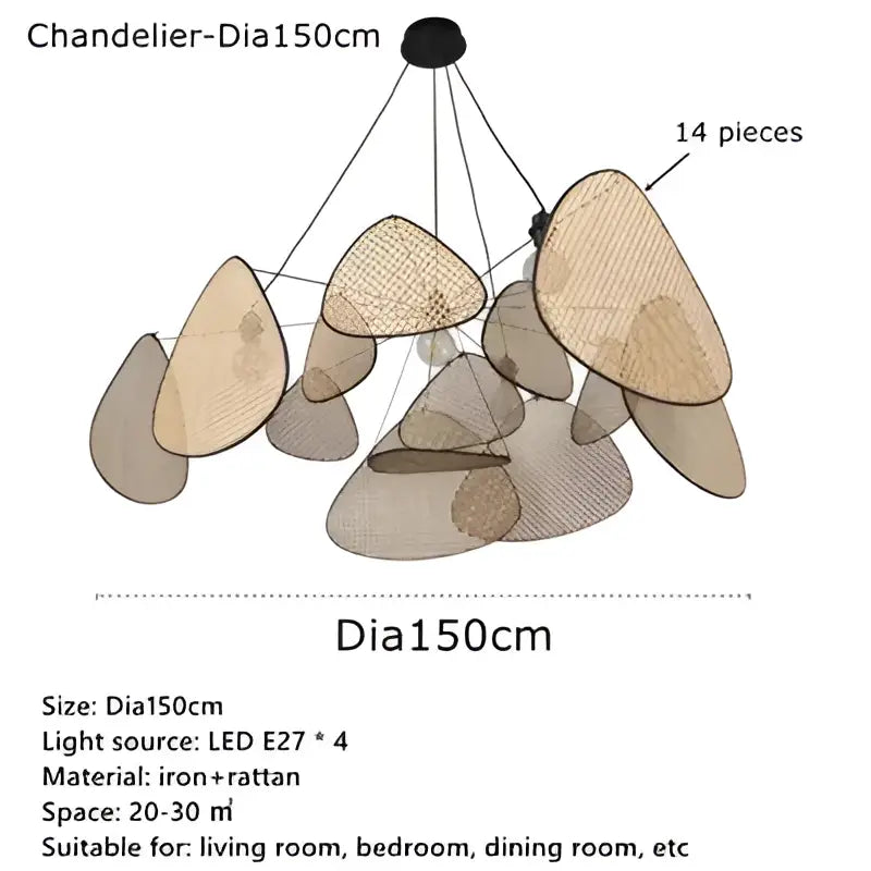 Modern hand made rattan pendant light featuring a 150cm diameter black top chandelier with beige mesh shades for living room