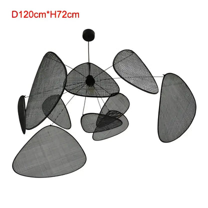 Black hand made rattan pendant light with irregular overlapping panels, ideal as a modern pendant chandelier for living room