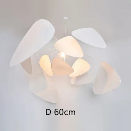 Modern hand made rattan pendant chandelier with white sculptural petal-like shades for living room lighting
