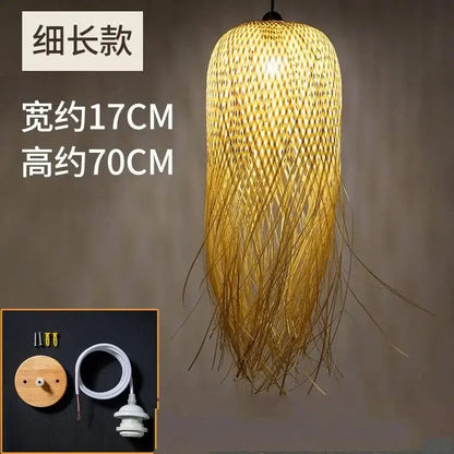 Modern handwoven golden bamboo pendant lights with cylindrical woven design and dangling fringes for dining room decorbites