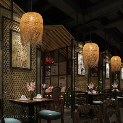 Modern handwoven warm golden bamboo pendant lights for dining room by decorbites enhance interior decor