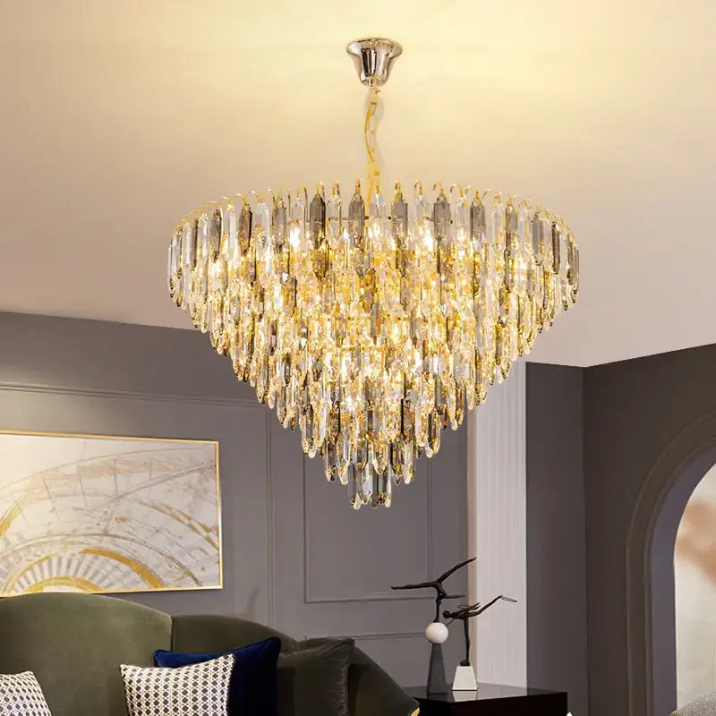 Modern heart shaped gold decorbites crystal chandelier with cascading clear and amber glass prisms for living room
