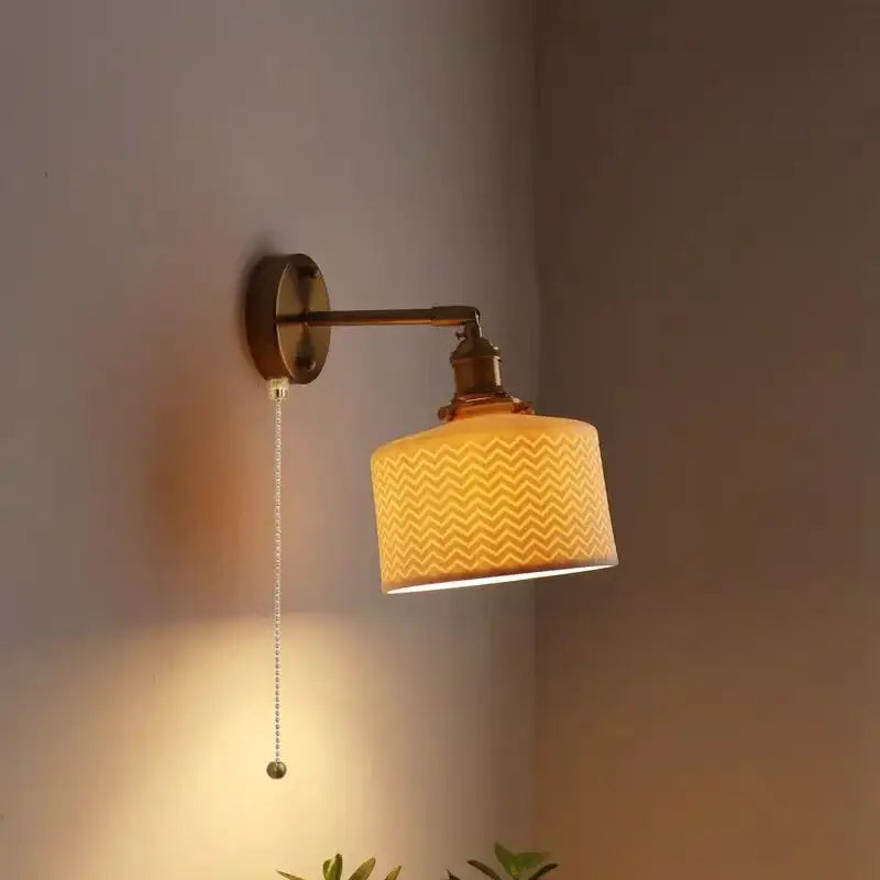Modern herringbone ceramic copper led wall lamp with warm brass arm and cream fabric shade for bedroom decorbites copper led sconce