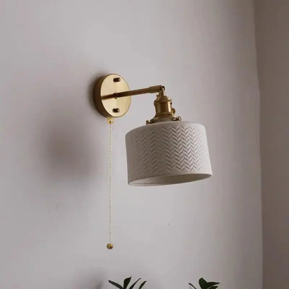 Modern white ceramic wall lamp with textured chevron pattern and brass decorbites copper led sconce for bedroom decor
