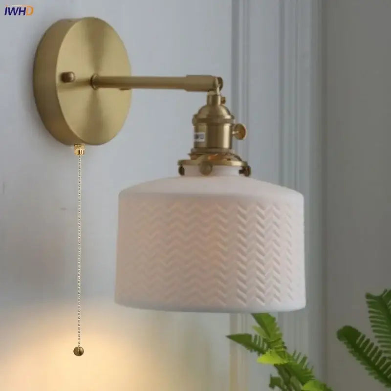 Modern white ceramic wall lamp with herringbone pattern mounted on brass decorbites copper led sconce for bedroom