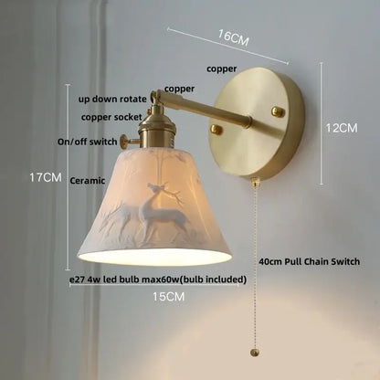 Vintage-style copper led sconce wall lamp with ceramic lampshade and embossed deer silhouettes for bedroom decorbites copper led