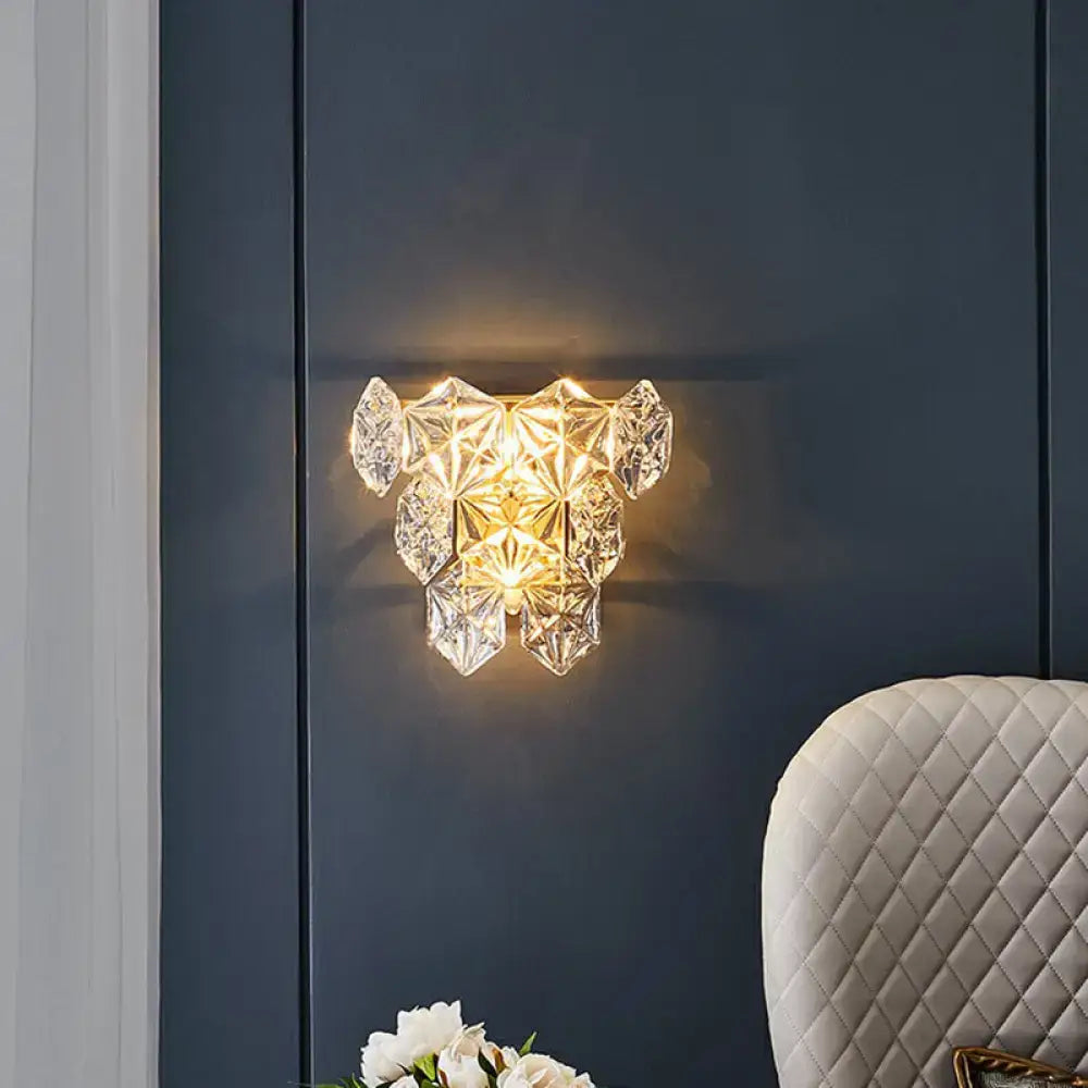 Modern hexagon gold finish glass wall light with faceted crystal sconce for e12 e14 bulbs in bedroom use