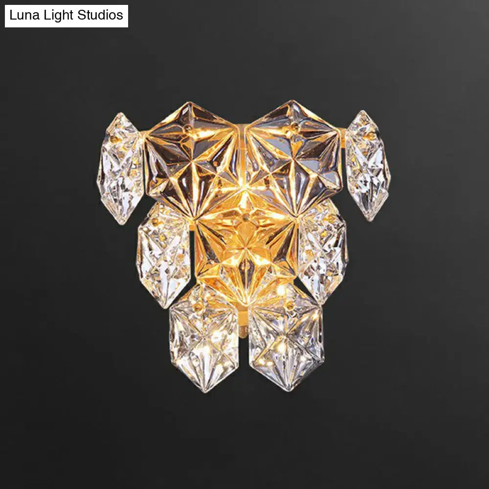 A modern hexagon wall light with faceted crystal elements and a gold finish metal frame for e12 e14 bulbs
