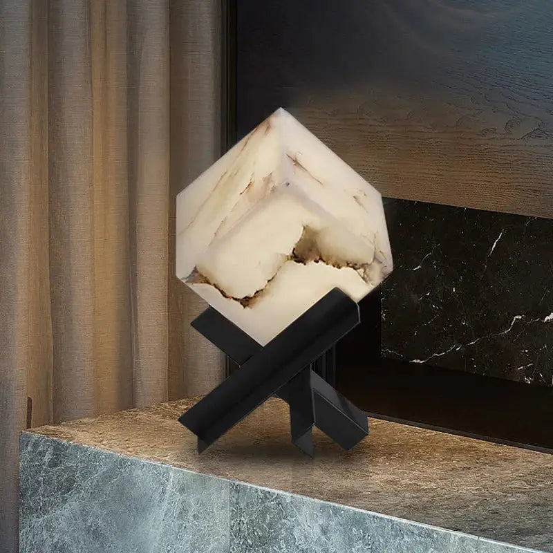 Modern hexagonal cube marble table lamp with white translucent marble shade and black metal base for bedroom decorbites cube marble