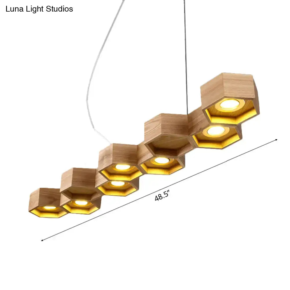 DecorBites modern hexagonal wooden ceiling light fixture with six warm yellow led bulbs for island lighting