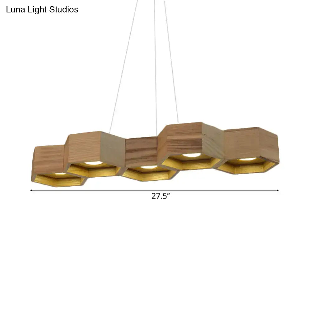Decorbites™ modern hexagonal wooden ceiling light fixture with natural wood and gold finish for island lighting