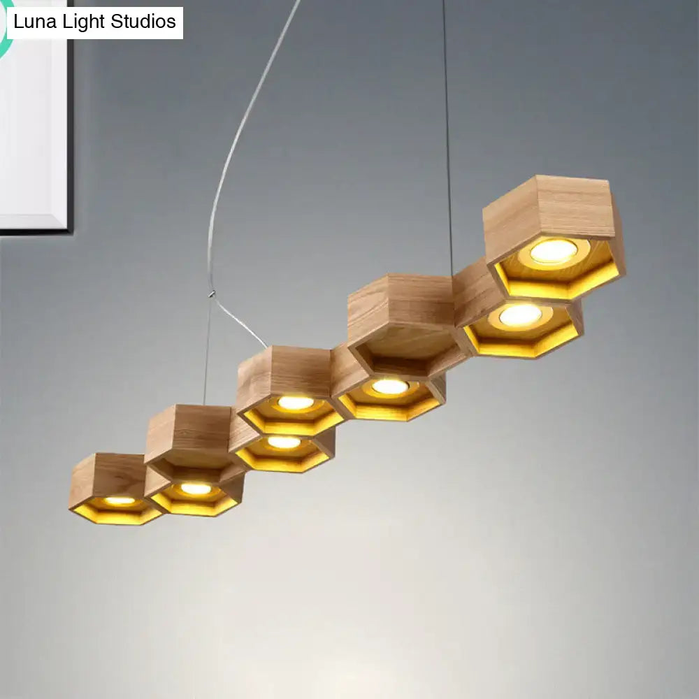 DecorBites modern hexagonal wooden ceiling light fixture with warm yellow led bulbs for island lighting and living room