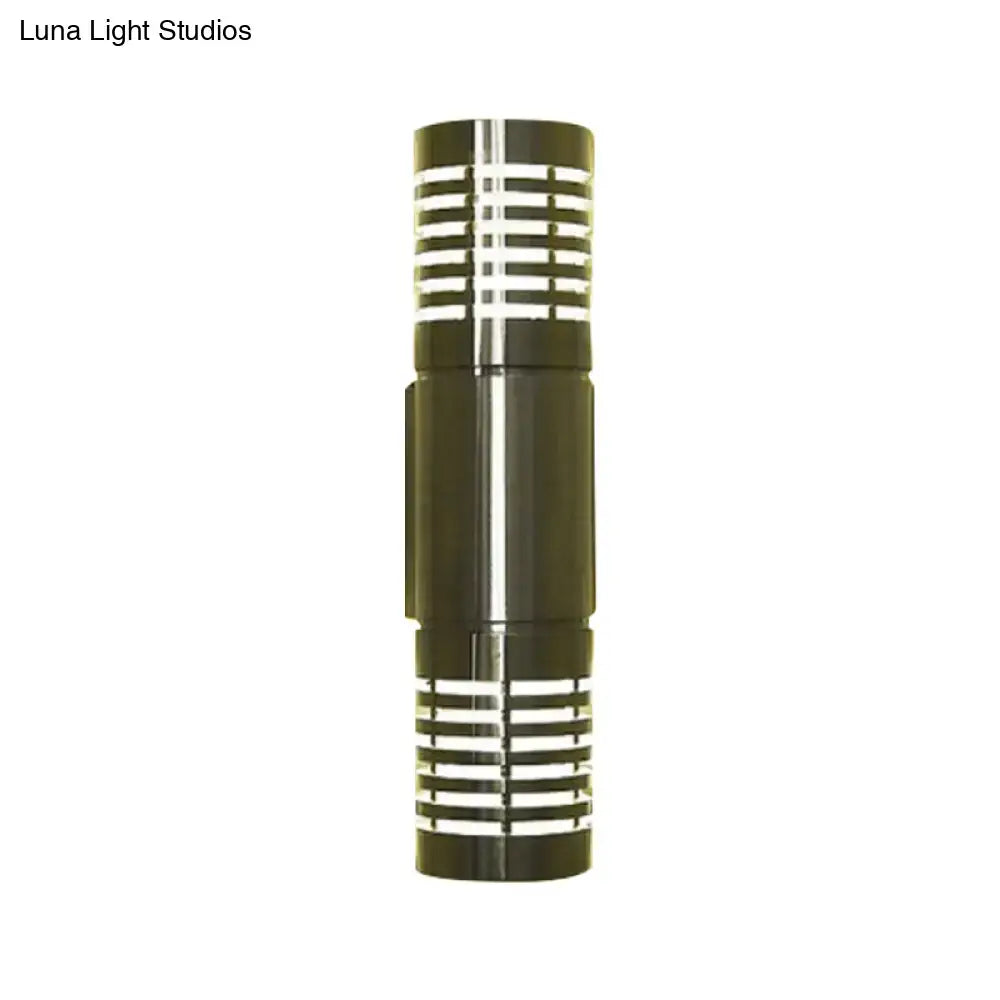 Modern hollow design black and silver cylindrical led wall mounted outdoor sconce with horizontal slatted accents