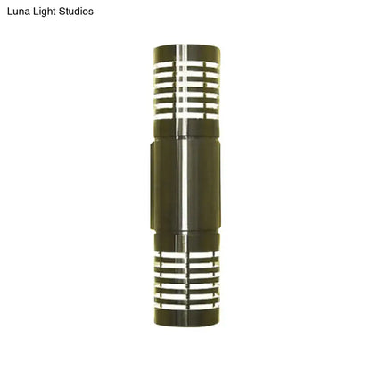 Modern hollow design black and silver cylindrical led wall mounted outdoor sconce with horizontal slatted accents