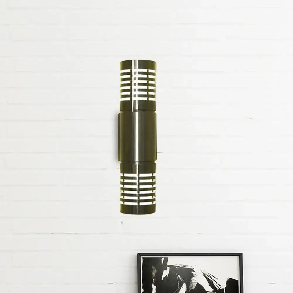 Modern black and silver hollow design cylindrical wall mounted led outdoor sconce with horizontal slats