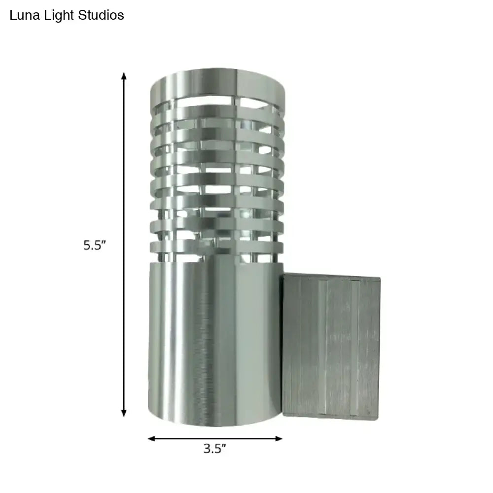 Modern hollow design silver led wall mounted outdoor sconce with cylindrical shape and brushed metal finish