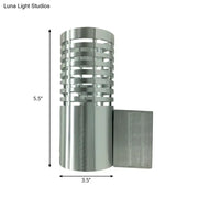 Modern hollow design silver led wall mounted outdoor sconce with cylindrical shape and brushed metal finish