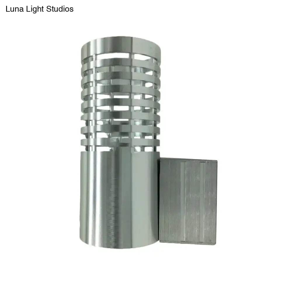 Modern hollow design silver led wall mounted outdoor sconce with a cylindrical brushed metal lattice finish