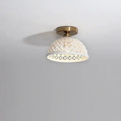 Modern hollow white and gold ceramic led ceiling light with woven pendant design and metal base for living room decorbites ceramic led ceiling