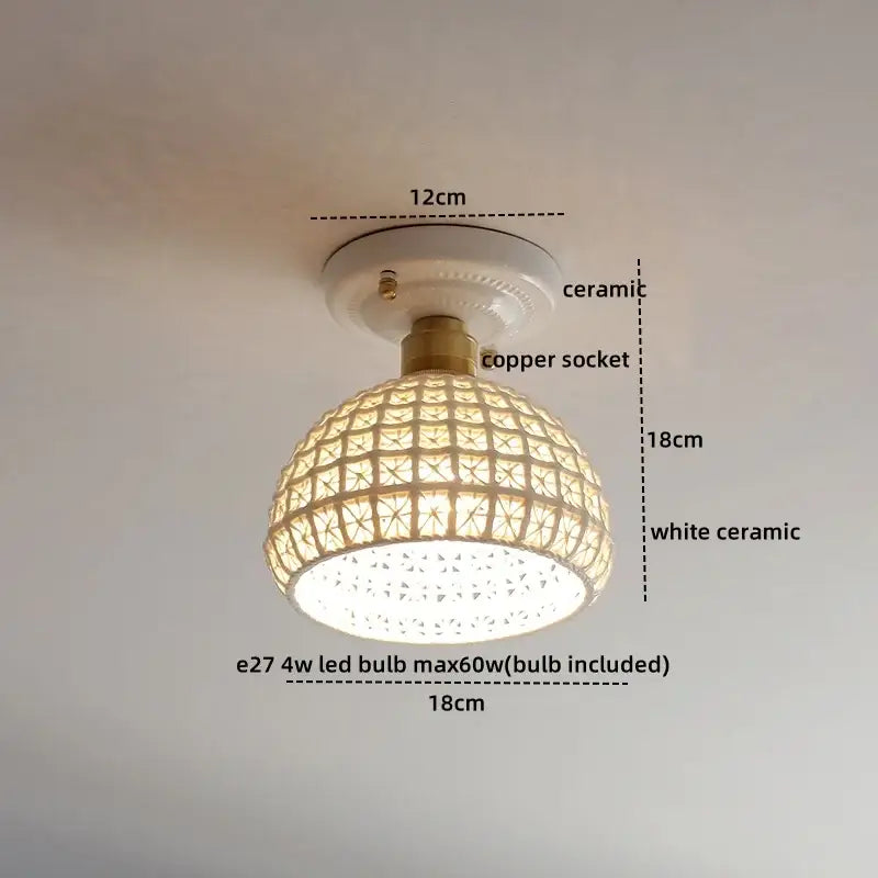 Modern hollow white and gold ceramic led ceiling light with woven lattice design and brass-colored copper socket for living room decorbites ceramic led ceiling