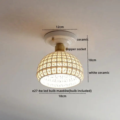 Modern hollow white and gold ceramic led ceiling light with woven lattice design and brass-colored copper socket for living room decorbites ceramic led ceiling