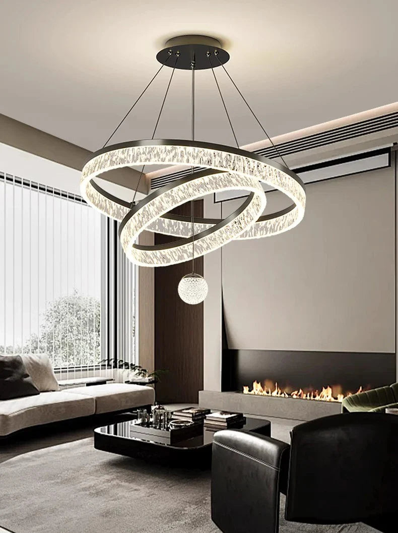 Modern black and crystal chandelier with interlocking rings led pendant light for living and dining room lighting