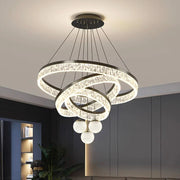 Modern home decor led pendant light chandelier with glowing spiral rings and crystal accents for living room and dining room