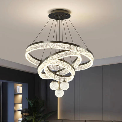 Modern home decor led pendant light chandelier with glowing spiral rings and crystal accents for living room and dining room