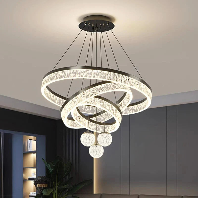 Modern home decor led pendant light chandelier with glowing spiral rings and crystal accents for living room and dining room