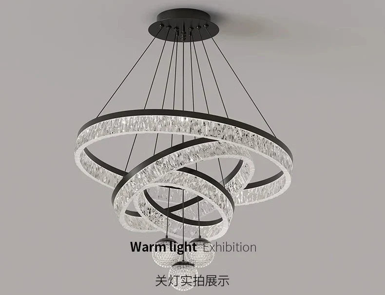 Modern home decor black and clear crystal chandelier with interlocking rings led pendant light for living and dining rooms