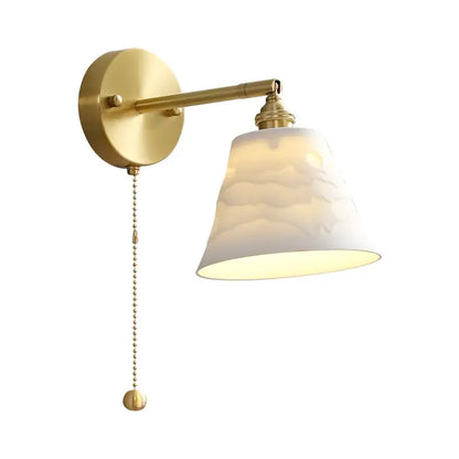 Modern honeycomb brass ceramic led wall sconce with gold finish textured white ceramic shade and pull-chain switch
