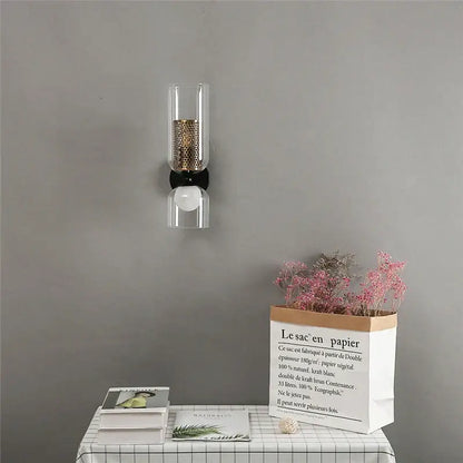 Modern honeycomb glass double headed led wall lamp with clear glass cylinders and black metal base for wall decorbites double headed use