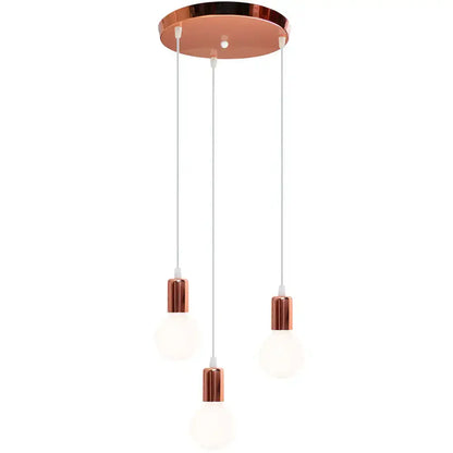 Copper-finished decorbites cage pendant light with three hanging bulbs and white cords for modern industrial decor