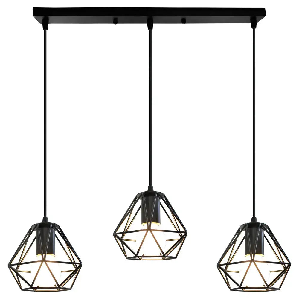 Modern industrial black cage pendant light with three geometric diamond-shaped metal cages ideal for dining room decorbites cage pendant