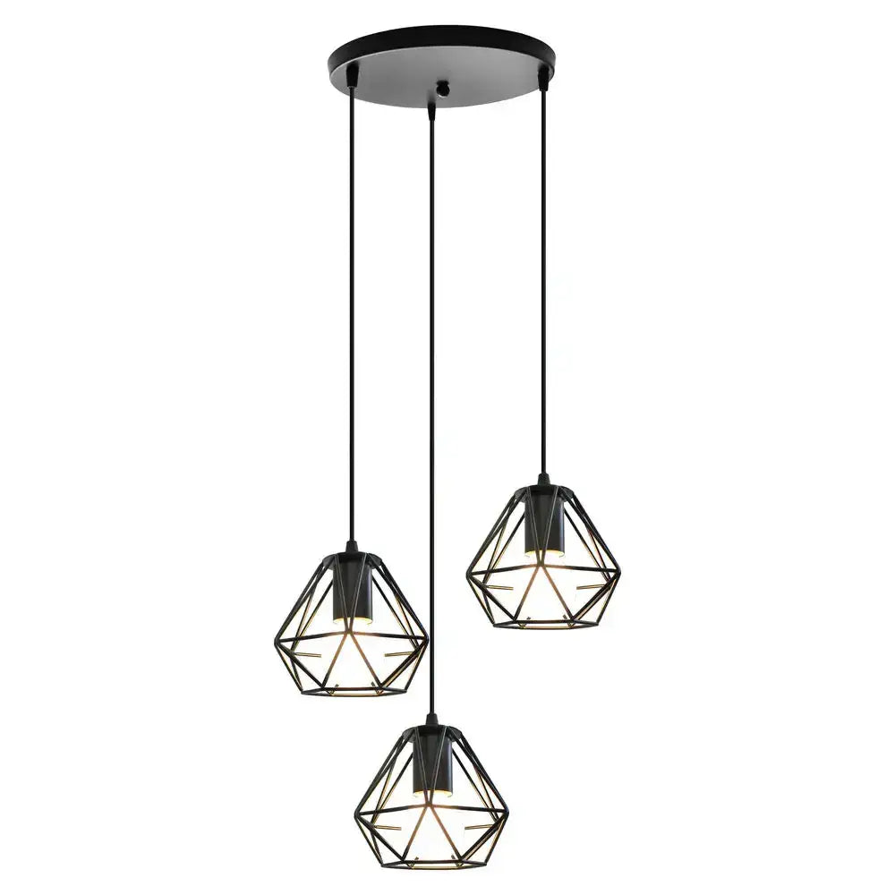 Modern industrial black cage pendant light with three geometric hanging shades ideal for dining room decorbites cage pendant