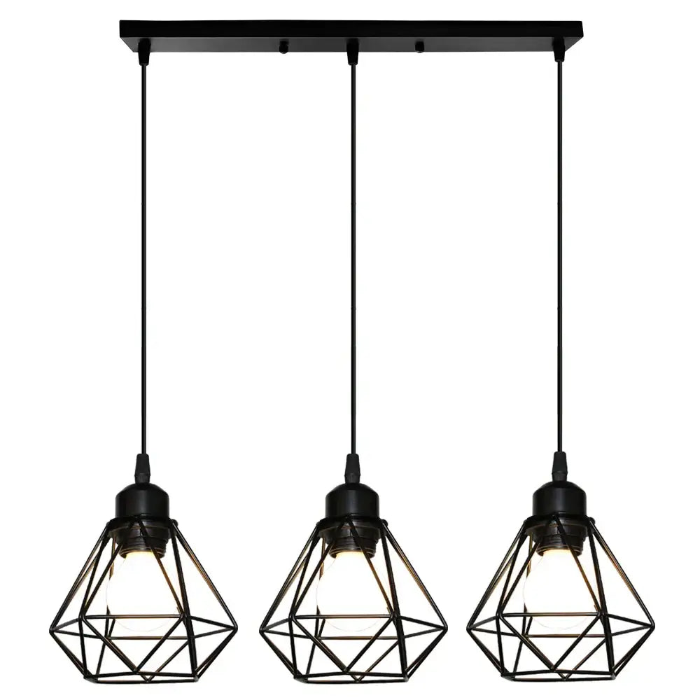 Modern industrial black cage pendant light with three diamond-shaped wire cages ideal for dining room decorbites cage pendant light
