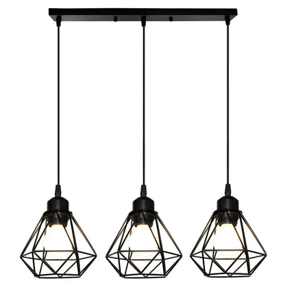 Modern industrial black cage pendant light with three diamond-shaped wire cages ideal for dining room decorbites cage pendant light